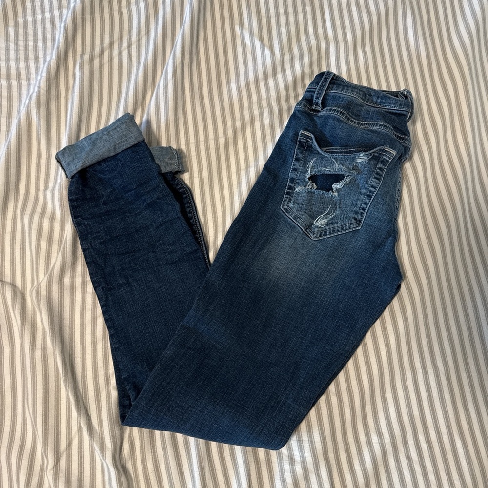 Buckle Blue Boyfriend Jeans with Distressed Details